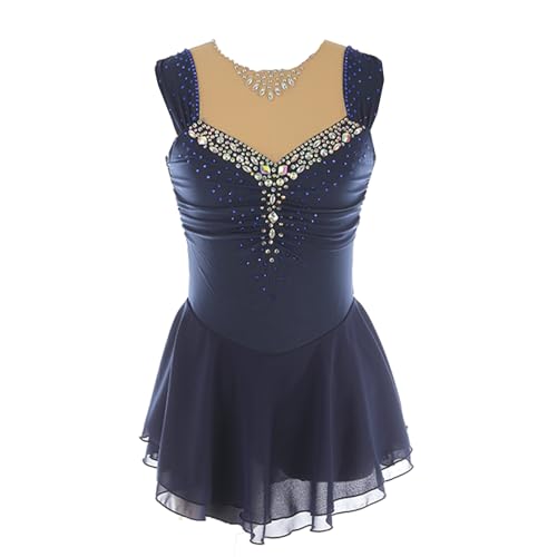 CHAGMEA Damen Professionelle Eiskunstlauf Wettbewerb Kleider Weiß Ärmellos Strass Dame Gymnastik Activewear Wettbewerb Training Athletic Weiblich,Navy Blue,L von CHAGMEA