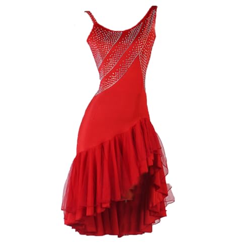 CHAGMEA Damen Schwarz Latein Tanzkleider Neckholder Latein Turnierkleid Ballsaal Rückenfrei Salsa Samba Fransen Schlitz Rock Walzer Foxtrott Tanzkleid Latein Trainingskleid,Rot,M von CHAGMEA
