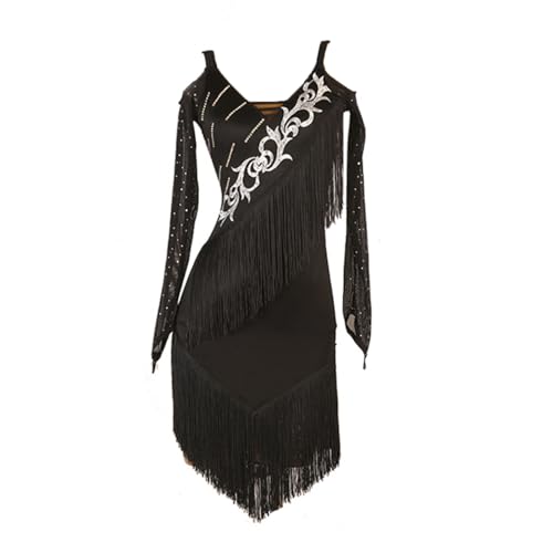 CHAGMEA Damen V-Ausschnitt Latein Tanzkleider Quaste Saum Latein Turnierkleid Ballsaal Lange Ärmel Salsa Samba Cha Cha Kostüm Dame Tango Tanzkleid Partykleid Tänzerin,L von CHAGMEA