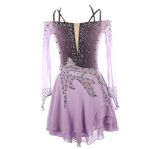 CHAGMEA Eislaufkleid Glitzernden Strass Kleid Erwachsenes Mädchen Eislaufen Tanzen Wettbewerb Rollschuhlaufen Tanzkleidung,Light Purple,3XL von CHAGMEA