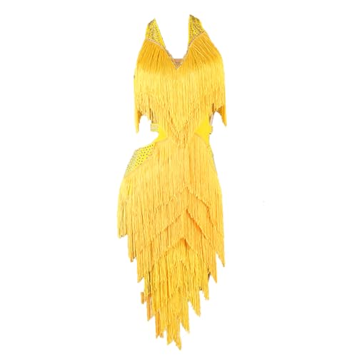 CHAGMEA Latein Tanz Performance Kleider Mit Fransen Für Damen Ärmelloses Tango Modern Turnierkleid Mit V-Ausschnitt Rückenfrei Ballsaal Tanz Outfit Nackter Rücken,Gelb,S von CHAGMEA