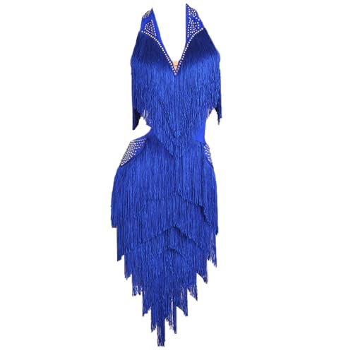 CHAGMEA Latein Tanz Performance Kleider Mit Fransen Für Damen Ärmelloses Tango Modern Turnierkleid Mit V-Ausschnitt Rückenfrei Ballsaal Tanz Outfit Nackter Rücken,Jewel Blue,M von CHAGMEA