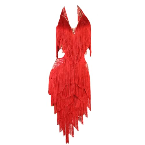 CHAGMEA Latein Tanz Performance Kleider Mit Fransen Für Damen Ärmelloses Tango Modern Turnierkleid Mit V-Ausschnitt Rückenfrei Ballsaal Tanz Outfit Nackter Rücken,Rot,M von CHAGMEA