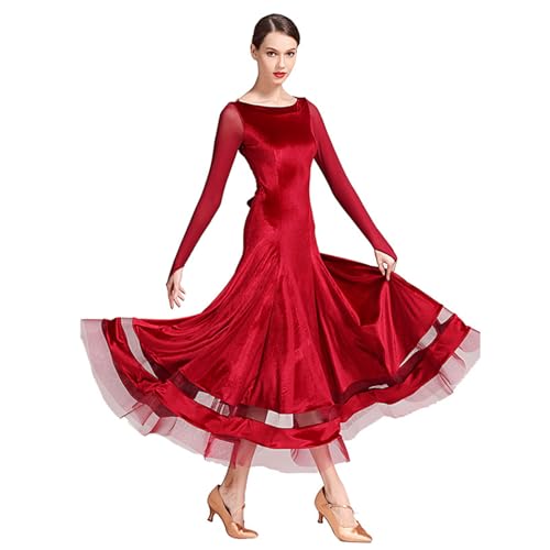 CHAGMEA Tanzkleider Damen Standard Lange Ärmel Performance Kleider Moderne Walzer Training Tanzkleidung Tango Ballroom Dress,Rot,L von CHAGMEA