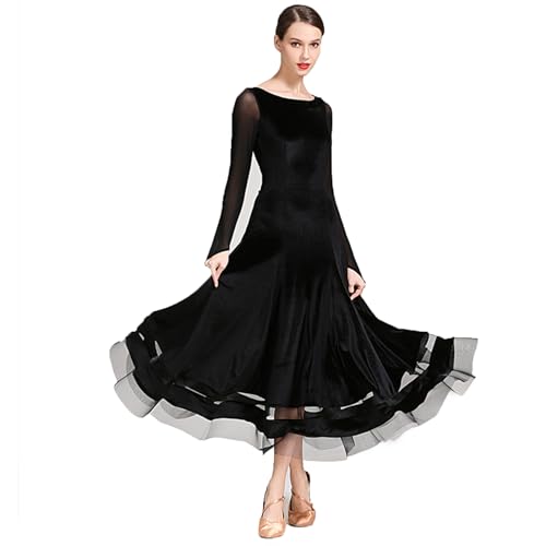 CHAGMEA Tanzkleider Damen Standard Lange Ärmel Performance Kleider Moderne Walzer Training Tanzkleidung Tango Ballroom Dress,Schwarz,XXL von CHAGMEA