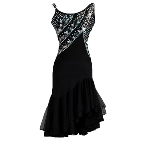 Damen Schwarz Latein Tanzkleider Neckholder Latein Turnierkleid Ballsaal Rückenfrei Salsa Samba Fransen Schlitz Rock Walzer Foxtrott Tanzkleid Latein Trainingskleid,Schwarz,XL von CHAGMEA