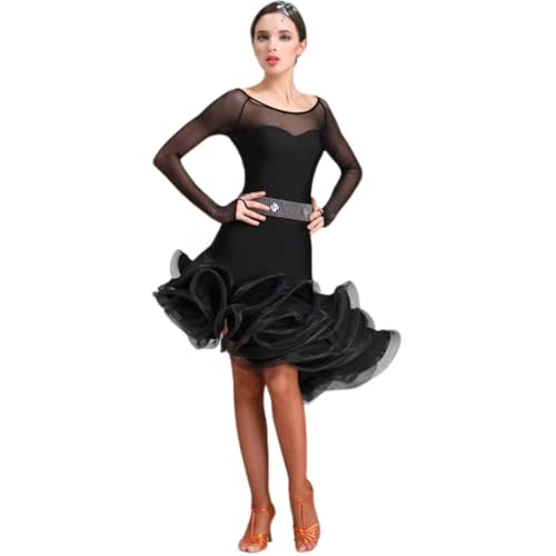 Frauen Diagonaler Kragen Sling Latein-Tanz Kleider Strass Latein Wettkampfkleid Ballsaal Salsa Samba Tutu Rock,Schwarz,S von CHAGMEA