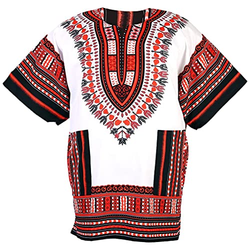 CHAINUPON African Dashiki Baumwollhemd Unisex Tribal Festival Boho Hippie Kaftan (Large, White Red) von CHAINUPON
