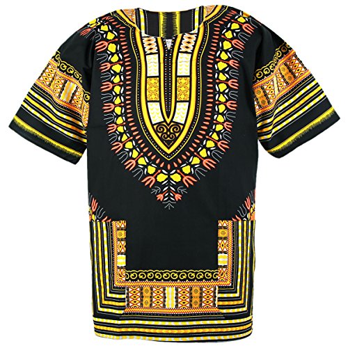 CHAINUPON African Dashiki Baumwollhemd Unisex Tribal Festival Boho Hippie Kaftan (Small, Black Yellow) von CHAINUPON