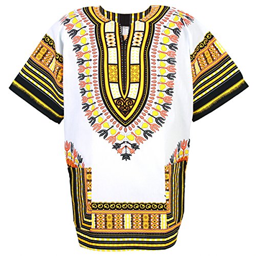 CHAINUPON African Dashiki Baumwollhemd Unisex Tribal Festival Boho Hippie Kaftan (X-Large, White Yellow) von CHAINUPON