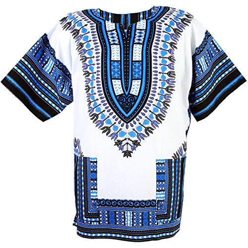 CHAINUPON African Dashiki Baumwollhemd Unisex Tribal Festival Boho Hippie Kaftan (XX-Large, White Dark Blue) von CHAINUPON
