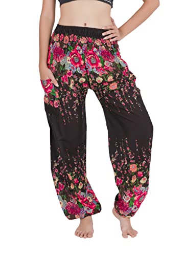 CHAINUPON Damen Haremshose Boho Casual Hippie Wohnzimmer Elefant Blumen Schwarz 46 von CHAINUPON