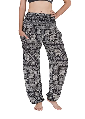CHAINUPON Damen Haremshose Boho Casual Hippie Wohnzimmer Elefant Stempel Schwarz 46 von CHAINUPON