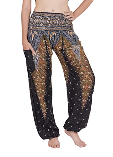 CHAINUPON Haremshose Damen Boho Lose Yogahose Casual Bohemian Hippie Lounge Elefant Pyjama Hose, Schwarzer Pfau, 32-38 von CHAINUPON