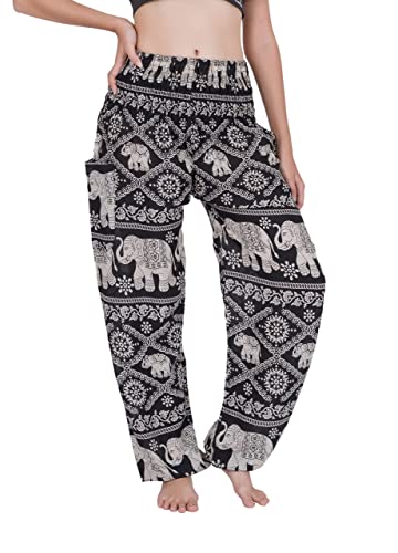 CHAINUPON Haremshose für Damen, Boho, locker, Yogahose, lässig, Bohemian, Hippie, Lounge, Elefant, Pyjamahose, Schwarzer Elefant, 32-38 von CHAINUPON