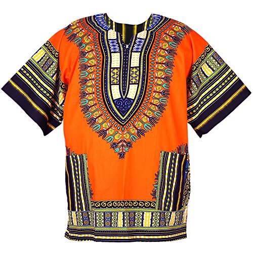 Chainupon Afrikanisches Dashiki Baumwollhemd Unisex Tribal Festival Boho Hippie Kaftan, Orange, XL von CHAINUPON