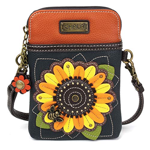 CHALA Handy-Umhängetasche für Damen, PU-Leder, Leinen, mehrfarbig, Handtasche mit verstellbarem Riemen, Sunflower - Navy, Einheitsgröße, Handy-Umhängetasche von CHALA