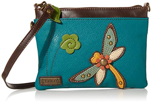 CHALA Mini Crossbody Handtasche, Multi-reißverschluss, pu-Leder, Kleiner Schulter-Geldbeutel Verstellbarer Gurt - türkis Libelle für Frauen von CHALA