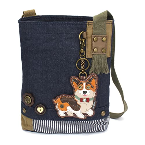 Chala Patch Cross-Body Frauen Handtasche, Blau Denim Canvas Messenger Bag, Cardigan Corgi - Denim von CHALA