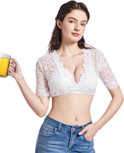 CHALLEY-YOKI Dirndl Bluse Weiß, Dirndlbluse Spitze Kurzarm, V-Ausschnitt für Damen, Trachtenbluse für Oktoberfest von CHALLEY-YOKI