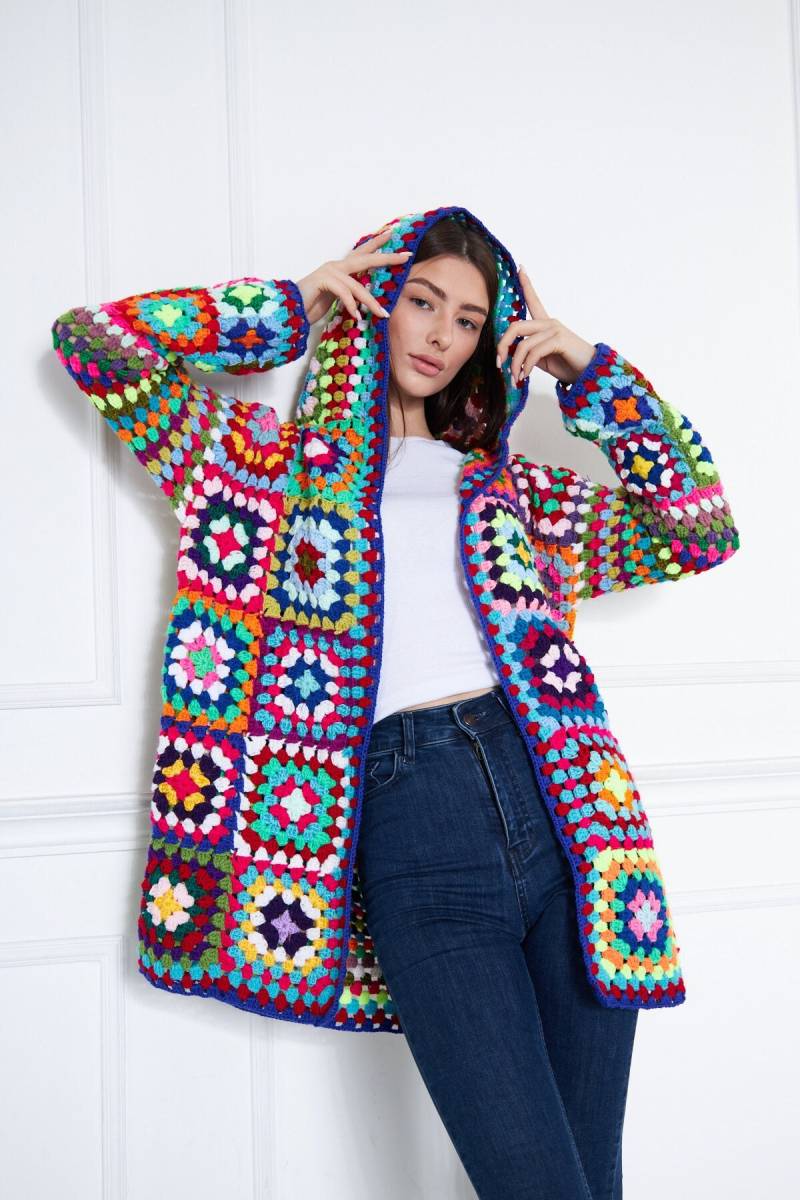Häkeljacke Mit Kapuze Boho Oma Quadrat Strickpullover von CHANDAKA