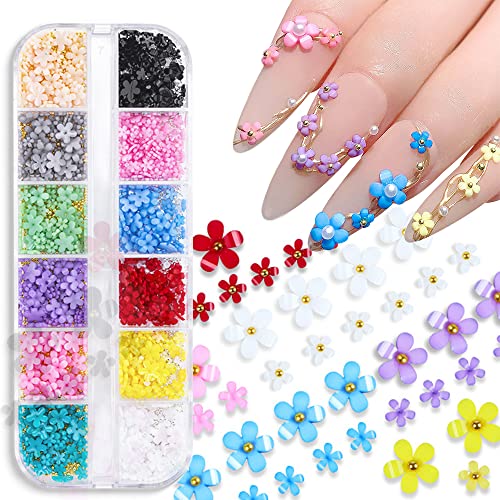 3D Blume Nagel Charms 3D Nagel Blumen und Metall Kaviar Perlen Nail Art Dekoration Mixed Size Fünf Blüten Blume Perle Acryl Nail Art Stud Zubehör für Frauen Mädchen DIY Maniküre von CHANGAR