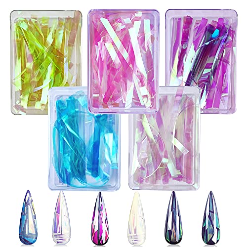 CHANGAR 5 Farben Farbverlauf Aurora Glas Papier Nagel Aufkleber Reflektierendes Spiegeldesign gebrochenes Glas Streifen Linie Papier Nagel Abziehbilder DIY Nail Art Dekoration (5 Boxen) von CHANGAR