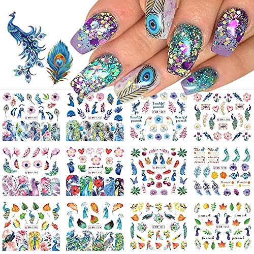 Changar Nagelkunst-Aufkleber, Pfauenfeder, Nagelaufkleber, Blumen-Blatt, Gras, Wasser, Nagelaufkleber, 12 B枚gen, Pfauenfeder, DIY-Naekorationen, Manik眉re-Tipps f眉r Damen, M盲dchen, Kinder von CHANGAR