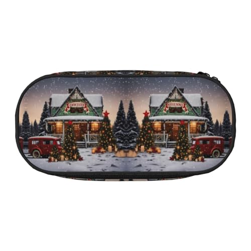 CHANGLEI Farmhouse Weihnachts-Federmäppchen mit doppeltem Reißverschluss und 4 Stiftfächern, Netztasche, bedruckt, leicht, langlebig, Polyester, Federmäppchen für Schule, Büro oder Make-up-Organizer von CHANGLEI
