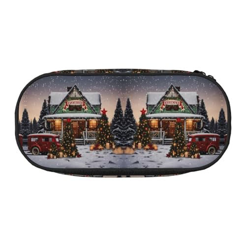 CHANGLEI Farmhouse Weihnachts-Federmäppchen mit doppeltem Reißverschluss und 4 Stiftfächern, Netztasche, bedruckt, leicht, langlebig, Polyester, Federmäppchen für Schule, Büro oder Make-up-Organizer von CHANGLEI