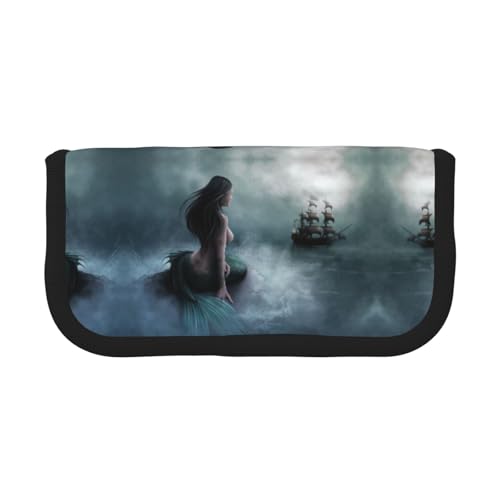 CHANGLEI Federmäppchen aus robustem Segeltuch, Motiv: Meerjungfrau-Mädchen und segelndes Piratenschiff, mit durchgehendem Druck, doppelter Reißverschluss, schwarzer Rand, kontrastierendes Design von CHANGLEI