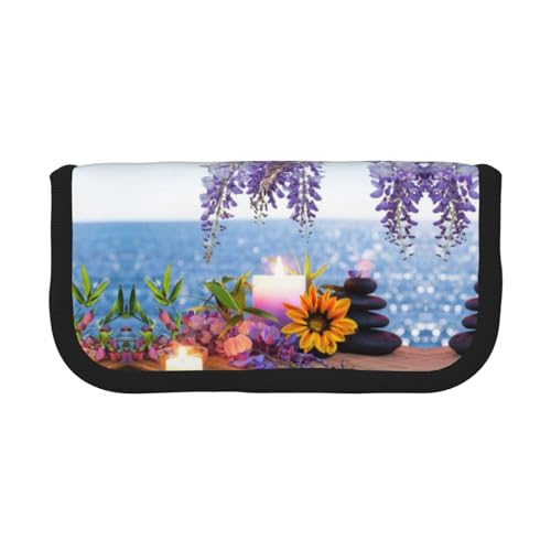 CHANGLEI Federmäppchen aus robustem Segeltuch mit Steinen mit Kerzen, Blume, durchgehendes Design, doppelter Reißverschluss, schwarzer Rand, kontrastierendes Design, Mehrzweck-Organizer, Schwarz von CHANGLEI