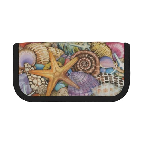CHANGLEI Federmäppchen aus robustem Segeltuch mit buntem Strandmuschel, durchgehender Druck, doppelter Reißverschluss, schwarzer Rand, kontrastierendes Design, Mehrzweck-Organizer von CHANGLEI