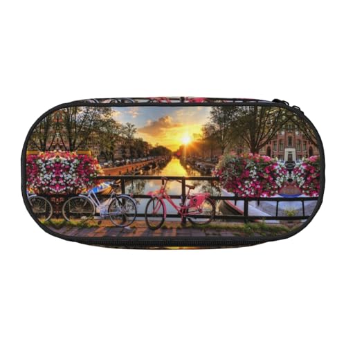 CHANGLEI Federmäppchen mit Blumen und Fahrrädern, Doppelreißverschluss, 4 Stiftfächern, Netztasche, bedruckt, leicht, langlebig, Polyester, Federmäppchen für Schule, Büro oder Make-up-Organizer von CHANGLEI