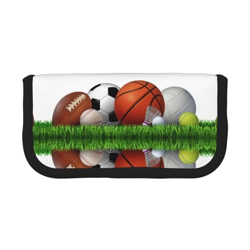 CHANGLEI Federmäppchen mit Sportbällen auf dem Gras, robustes Leinen-Federmäppchen mit Volldruck-Design, doppelter Reißverschluss, schwarzer Rand, kontrastierendes Design, Mehrzweck-Organizer, Schwarz von CHANGLEI
