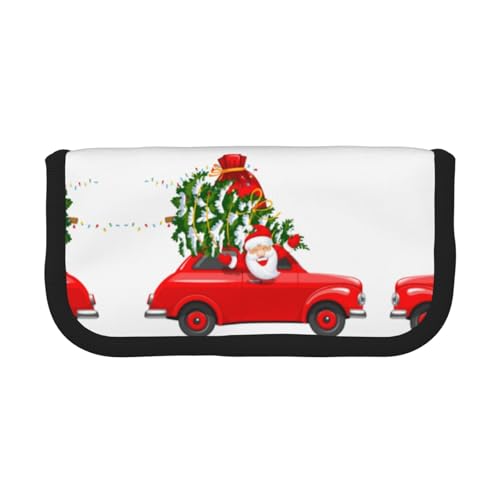 CHANGLEI Federmäppchen mit Weihnachtsmann im Auto, robustes Leinen-Federmäppchen mit Volldruck-Design, doppelter Reißverschluss, schwarzer Rand, kontrastierendes Design, Mehrzweck-Organizer, Schwarz von CHANGLEI