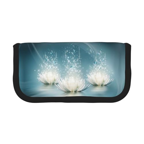 CHANGLEI Federmäppchen mit weißen Lotusblumen, robustes Leinen-Federmäppchen mit Volldruck-Design, doppelter Reißverschluss, schwarzer Rand, kontrastierendes Design, Mehrzweck-Organizer von CHANGLEI