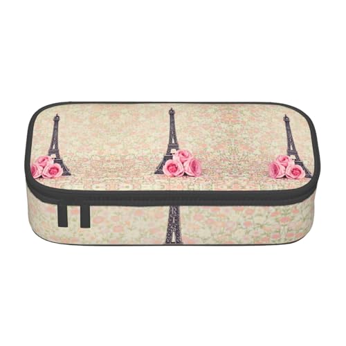 CHANGLEI Großes Federmäppchen mit Eiffelturm mit Rosenblüte, mit Fächern, bedrucktes Polyester, multifunktionales Federmäppchen, Schreibwaren-Organizer-Box, Schwarz , Einheitsgröße, Taschen-Organizer von CHANGLEI