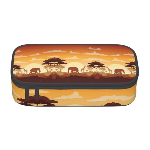 CHANGLEI Großes Federmäppchen mit Elefant und Giraffe im Sonnenuntergang, mit Fächern, bedrucktes Polyester, multifunktionales Federmäppchen, Schreibwaren-Organizer-Box, Schwarz , Einheitsgröße, von CHANGLEI