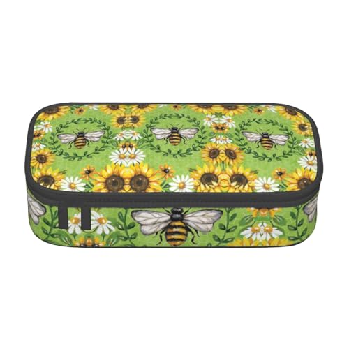 CHANGLEI Großes Federmäppchen mit Fächern aus bedrucktem Polyester, Motiv: Bienen und Sonnenblumen, multifunktional, Schreibwaren-Organizer-Box, Schwarz , Einheitsgröße, Taschen-Organizer von CHANGLEI