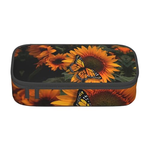 CHANGLEI Großes Federmäppchen mit Sonnenblume und Schmetterlingen und Fächern, bedrucktes Polyester, multifunktionales Federmäppchen, Schreibwaren-Organizer-Box, Schwarz , Einheitsgröße, von CHANGLEI