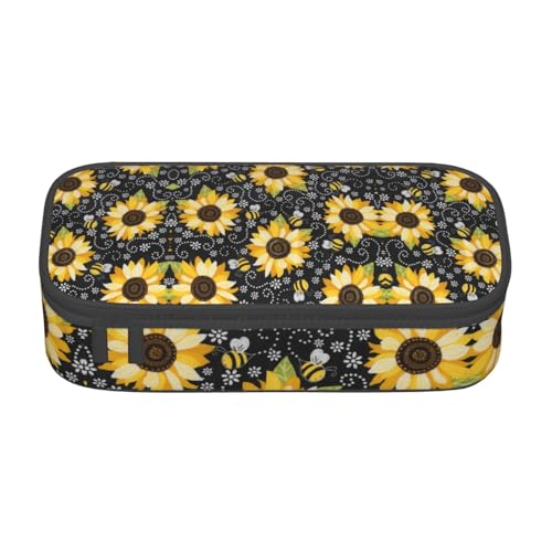 CHANGLEI Großes Federmäppchen mit Sonnenblumen-Bienen und Fächern, bedrucktes Polyester, multifunktionales Federmäppchen, Schreibwaren-Organizer-Box, Schwarz , Einheitsgröße, Taschen-Organizer von CHANGLEI