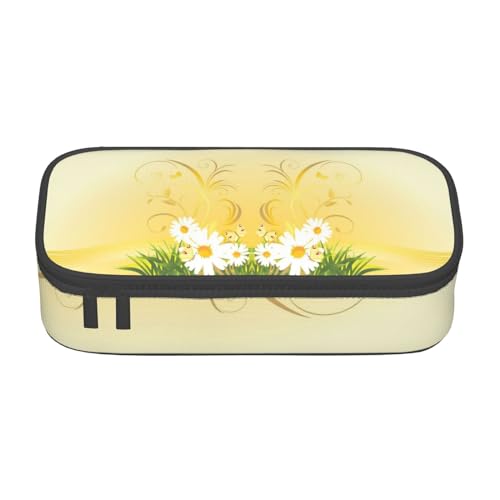 CHANGLEI Großes Federmäppchen mit geschwungenen Kamillenblumen, fliegende Schmetterlinge, mit Fächern, bedrucktes Polyester, multifunktionales Federmäppchen, Schreibwaren-Organizer-Box, Schwarz , von CHANGLEI