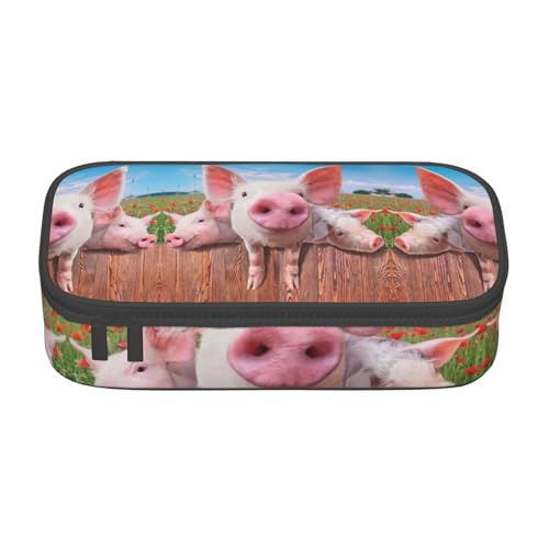 CHANGLEI Lustiges süßes Schweine-Federmäppchen mit Fächern, bedrucktes Polyester, multifunktionales Federmäppchen, Schreibwaren-Organizer-Box, Schwarz , Einheitsgröße, Taschen-Organizer von CHANGLEI