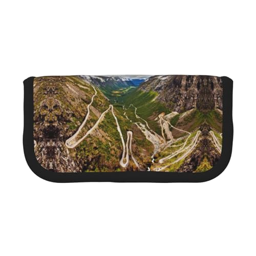 CHANGLEI Mountain Road Norway Robustes Federmäppchen aus Segeltuch mit Volldruck-Design, Doppelreißverschluss, schwarzer Rand, kontrastierendes Design, Mehrzweck-Organizer, Schwarz , Einheitsgröße von CHANGLEI