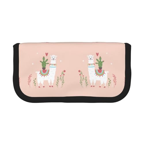 CHANGLEI Niedliches handgezeichnetes Lama-Federmäppchen aus robustem Segeltuch mit Volldruck-Design, Doppelreißverschluss, schwarzer Rand, kontrastierendes Design, Mehrzweck-Organizer von CHANGLEI