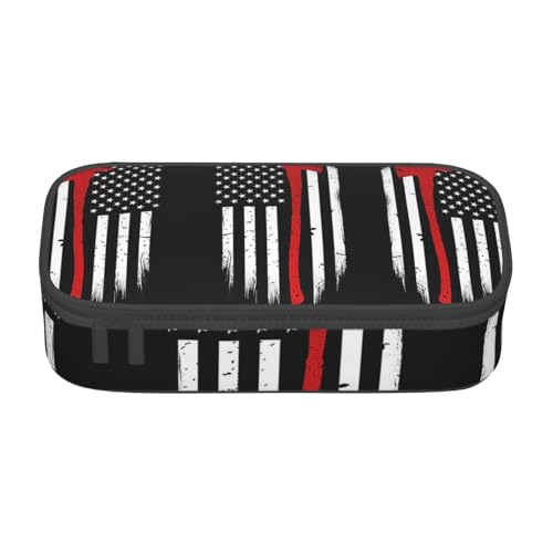 CHANGLEI Red Line Feuerwehrmann Federmäppchen mit USA-Flagge, großes Federmäppchen mit Fächern, bedrucktes Polyester, multifunktionales Federmäppchen, Schreibwaren-Organizer-Box, Schwarz , von CHANGLEI