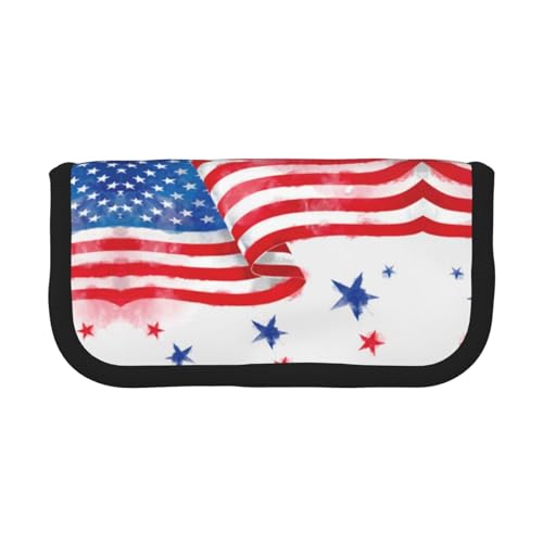 CHANGLEI Robustes Federmäppchen aus Segeltuch mit amerikanischer Flagge und Sternen, durchgehender Druck, doppelter Reißverschluss, schwarzer Rand, kontrastierendes Design, Mehrzweck-Organizer von CHANGLEI