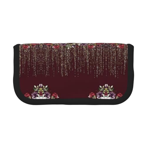 CHANGLEI Robustes Federmäppchen aus Segeltuch mit rotem Rosenmuster, durchgehender Druck, doppelter Reißverschluss, schwarzer Rand, kontrastierendes Design, Mehrzweck-Organizer, Schwarz von CHANGLEI