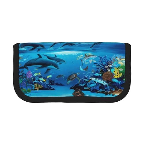 CHANGLEI Sea Blue Marine Life Robustes Federmäppchen aus Segeltuch mit Volldruck-Design, Doppelreißverschluss, schwarzer Rand, kontrastierendes Design, Mehrzweck-Organizer von CHANGLEI